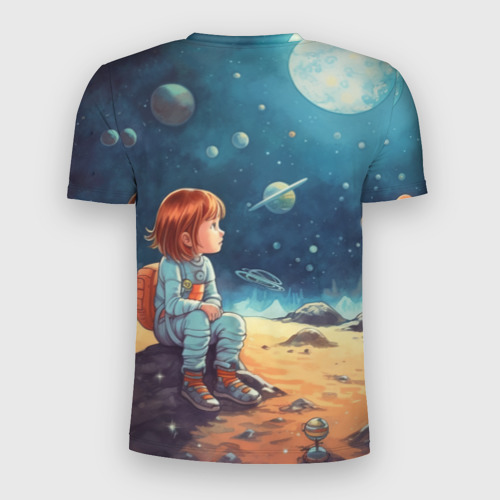 Мужская футболка 3D Slim с принтом Космическая путешественница: арт нейросети, вид сзади #1