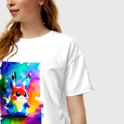 Женская футболка хлопок Oversize Акварельный Пикачу - поп-арт - фото 2