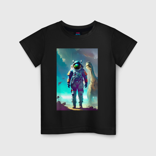 Детская футболка хлопок с принтом Космонавт на планете динозавров - нейросеть, вид спереди #2