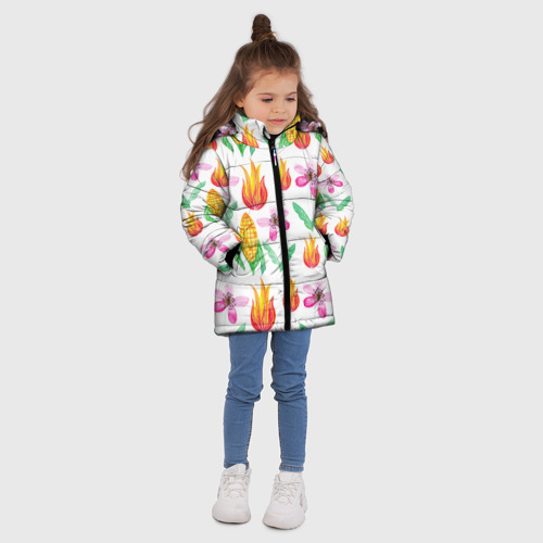 Зимняя куртка для девочек 3D с принтом Кукуруза и цветочки, вид сбоку #3