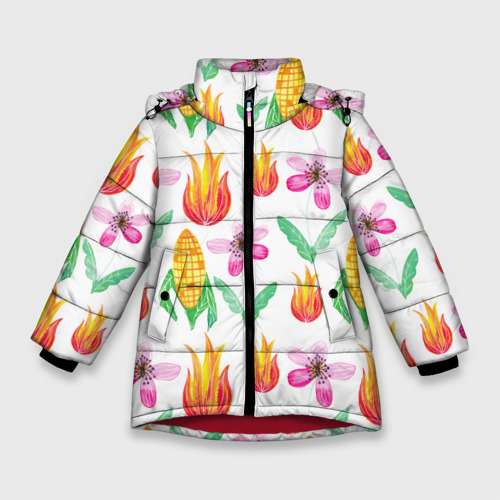 Зимняя куртка для девочек 3D с принтом Кукуруза и цветочки, вид спереди #2