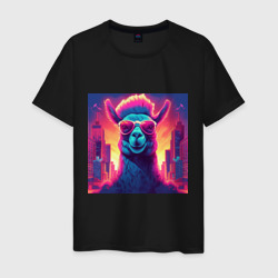 Лама на фоне неонового города – Мужская футболка хлопок с принтом купить со скидкой в -20%
