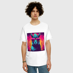 Мужская футболка хлопок Oversize Лама в лучах неонового города - фото 2