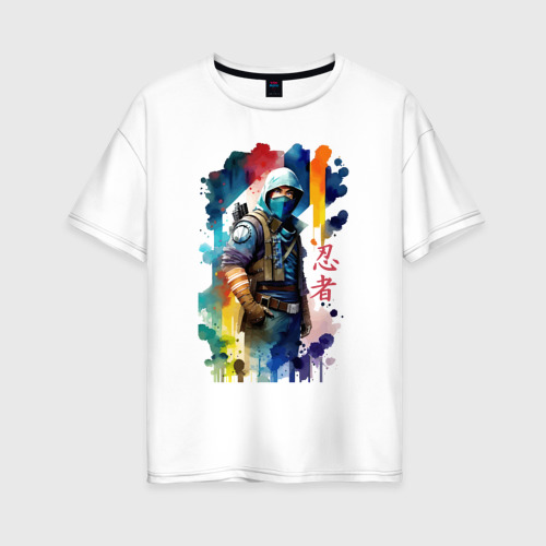 Женская футболка хлопок Oversize Ninja - Cyberpunk - hieroglyphs - neural network, цвет белый
