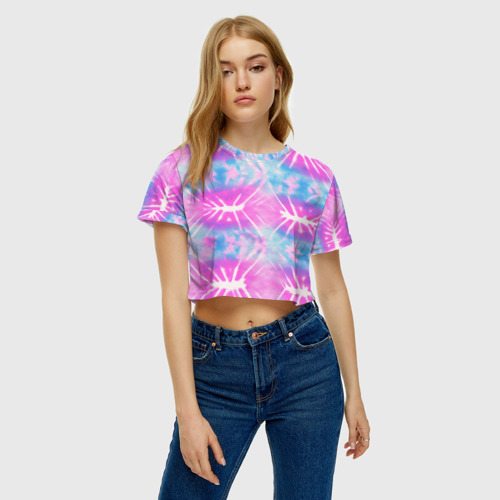 Женская футболка Crop-top 3D Голубо-розовый узор тай-дай, цвет 3D печать - фото 4
