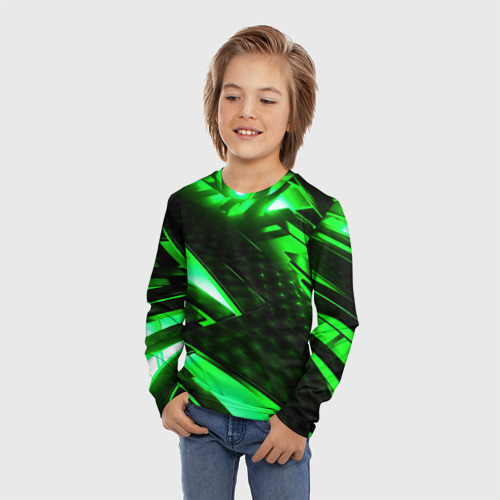 Детский лонгслив 3D с принтом Яркий зеленый неон, фото на моделе #1