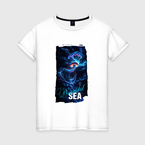 Женская футболка из хлопка с принтом Фантастические медузы, вид спереди №1