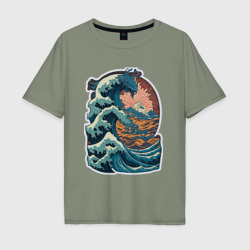 Мужская футболка хлопок Oversize Морской дракон в стиле японского укиё-э