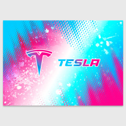 Поздравительная открытка Tesla neon gradient style: надпись и символ