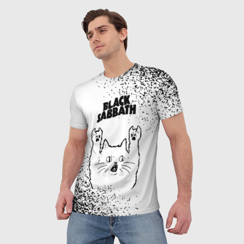 Мужская футболка 3D с принтом Black Sabbath рок кот на светлом фоне, фото на моделе #1