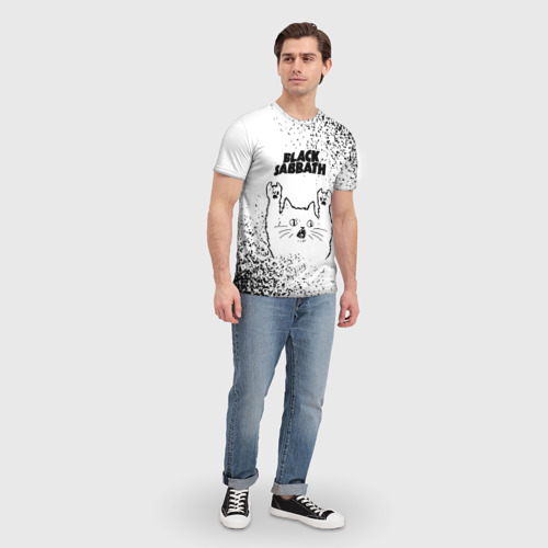 Мужская футболка 3D с принтом Black Sabbath рок кот на светлом фоне, вид сбоку #3