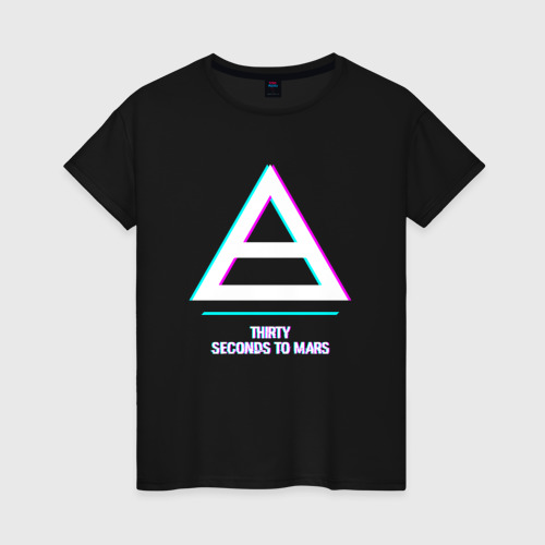 Женская футболка хлопок с принтом Thirty Seconds to Mars glitch rock, вид спереди #2