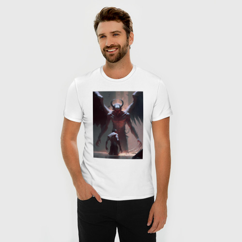 Мужская футболка хлопок Slim с принтом Борьба с демоном, фото на моделе #1