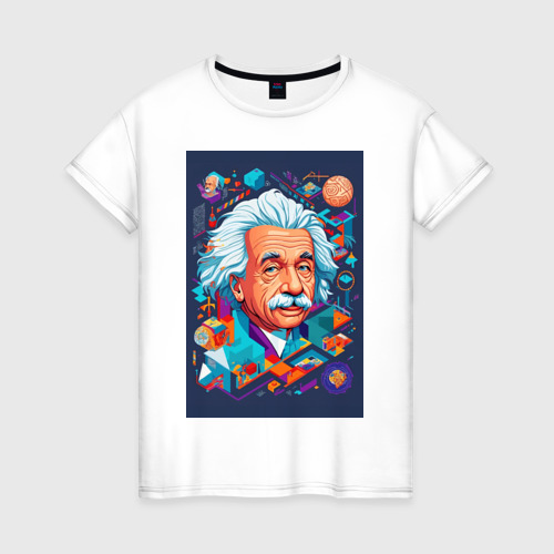 Женская футболка из хлопка с принтом Альберт Эйнштейн гениальный ученый, вид спереди №1