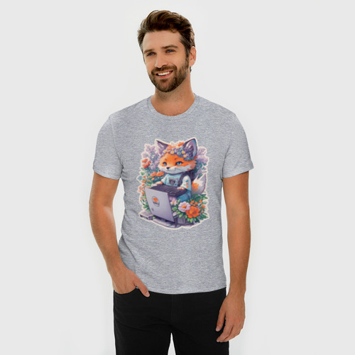 Мужская футболка хлопок Slim Лиса геймер за компьютером, цвет меланж - фото 3