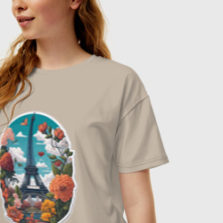 Женская футболка хлопок Oversize Эйфелева башня в цветах - фото 2