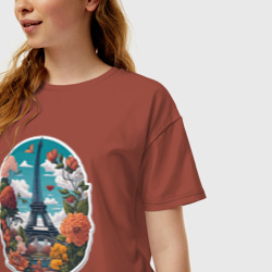 Женская футболка хлопок Oversize Эйфелева башня в цветах - фото 2