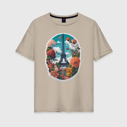 Женская футболка хлопок Oversize Эйфелева башня в цветах