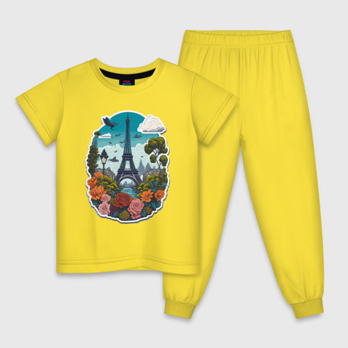 Детская пижама хлопок Пейзаж с Эйфелевой башней и цветами, цвет желтый