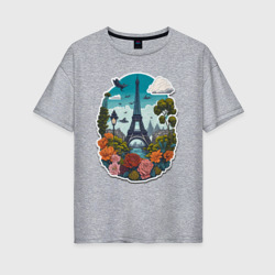 Женская футболка хлопок Oversize Пейзаж с Эйфелевой башней и цветами
