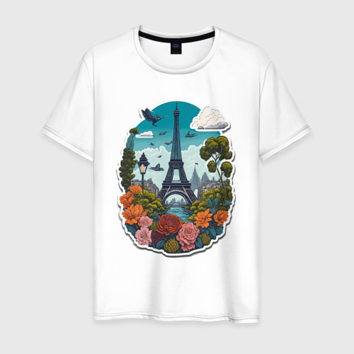 Мужская футболка из хлопка с принтом Пейзаж с Эйфелевой башней и цветами, вид спереди №1