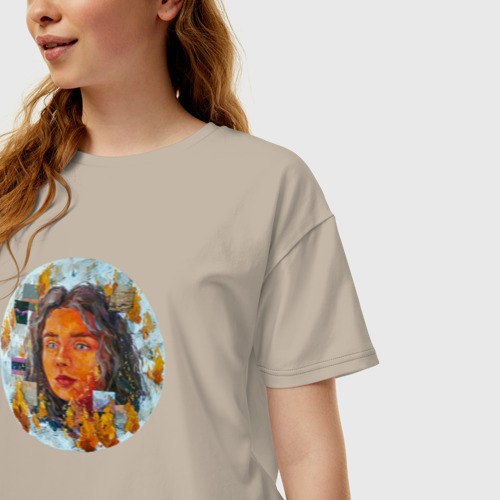 Женская футболка хлопок Oversize с принтом Девушка в огне картина маслом, фото на моделе #1