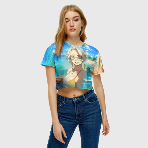 Женская футболка Crop-top 3D Блондинка в солнечных очках, цвет 3D печать - фото 4