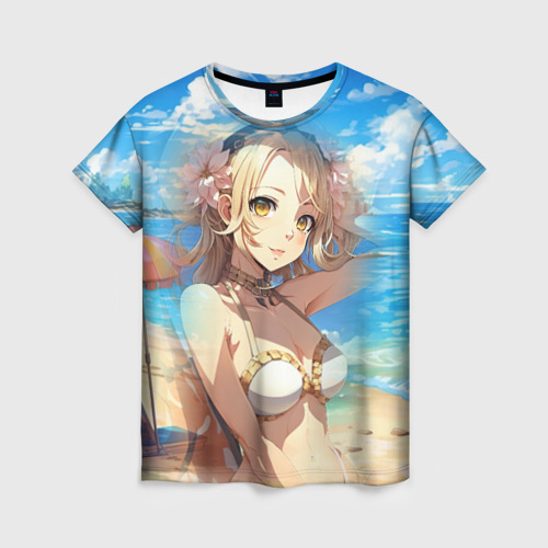 Женская футболка с принтом Девушка блондинка на пляже, вид спереди №1