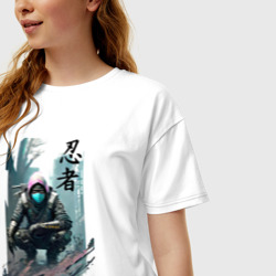 Женская футболка хлопок Oversize Ninja - Cyberpunk - neural network - sketch - фото 2