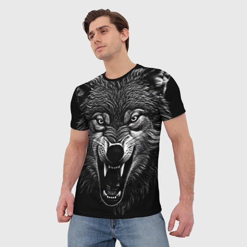 Мужская футболка 3D с принтом Злой волчара, фото на моделе #1