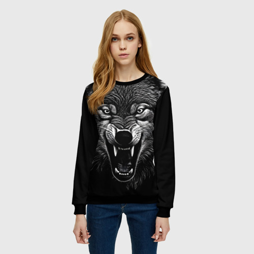 Женский свитшот 3D с принтом Злой волчара, фото на моделе #1