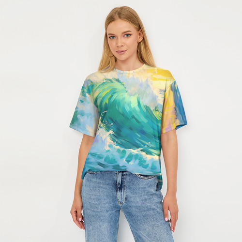 Женская футболка oversize 3D Нарисованные волны моря, цвет 3D печать - фото 5