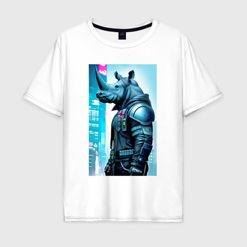 Мужская футболка оверсайз из хлопка с принтом Rhino - Cyberpunk - neural network, вид спереди №1