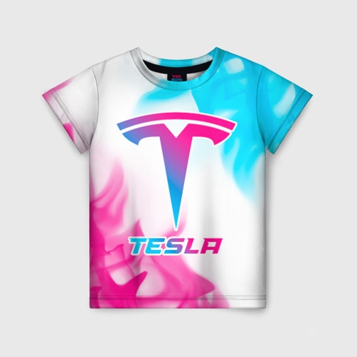 Детская футболка с принтом Tesla neon gradient style, вид спереди №1