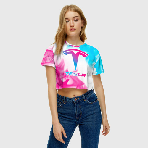 Женская футболка Crop-top 3D Tesla neon gradient style, цвет 3D печать - фото 4