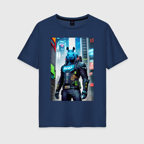 Женская футболка хлопок Oversize Крутой носорог - Киберпанк - нейросеть, цвет темно-синий