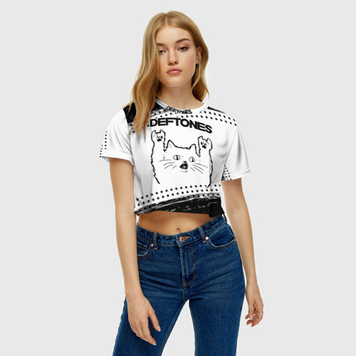 Женская футболка Crop-top 3D Deftones рок кот на светлом фоне, цвет 3D печать - фото 3