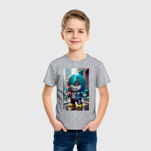 Детская футболка хлопок с принтом Кроха-акулёныш - Киберпанк - нейросеть, фото на моделе #1