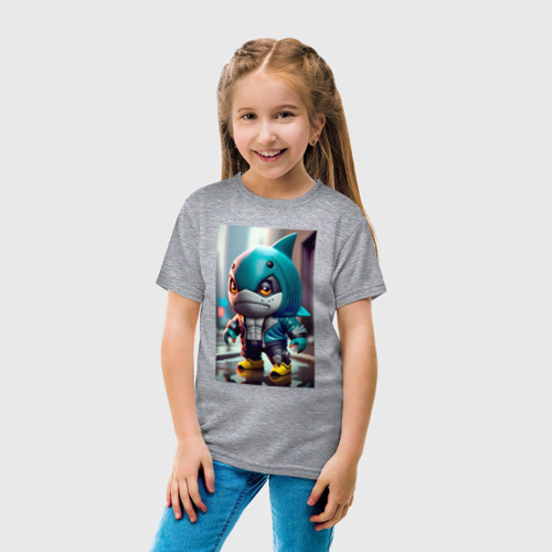 Детская футболка хлопок с принтом Кроха-акулёныш - Киберпанк - нейросеть, вид сбоку #3