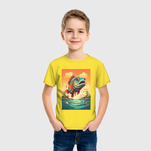 Детская футболка хлопок с принтом Карп выпригивает  из озера, фото на моделе #1