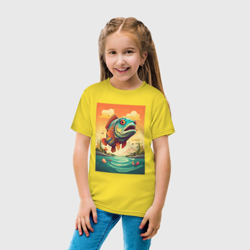 Детская футболка хлопок с принтом Карп выпригивает  из озера, вид сбоку #3
