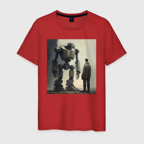 Мужская футболка хлопок с принтом Человек и робот - нейросеть, вид спереди #2