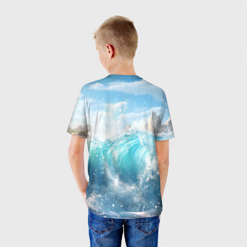 Детская футболка 3D с принтом Карп выпрыгивающий  из воды, вид сзади #2