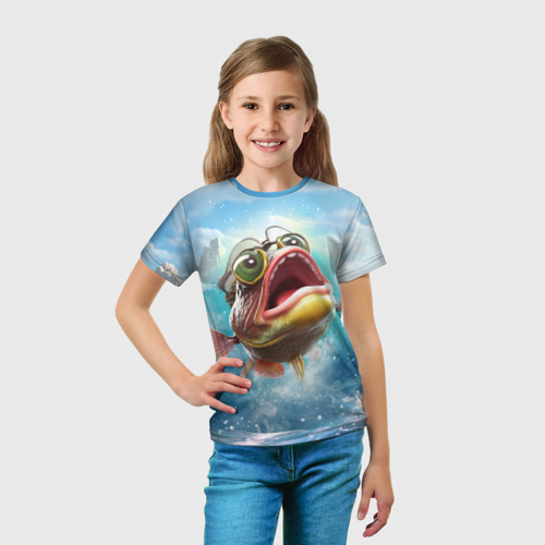 Детская футболка 3D с принтом Карп выпрыгивающий  из воды, вид сбоку #3