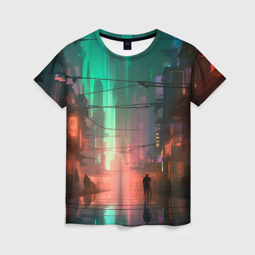 Женская футболка 3D с принтом Кибер город будущего, вид спереди #2