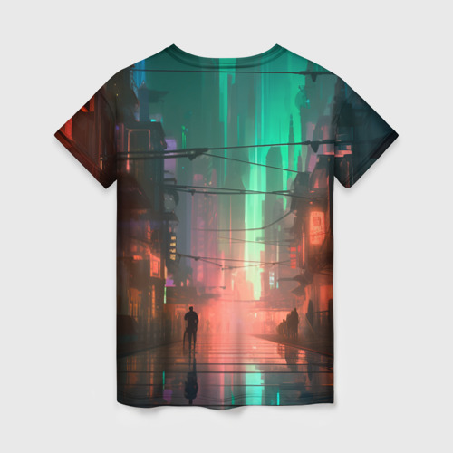 Женская футболка 3D с принтом Кибер город будущего, вид сзади #1