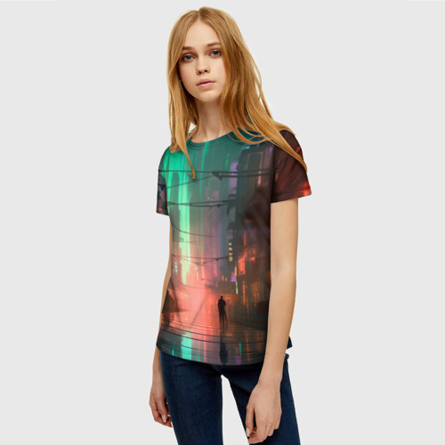 Женская футболка 3D с принтом Кибер город будущего, фото на моделе #1
