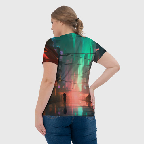Женская футболка 3D с принтом Кибер город будущего, вид сзади #2