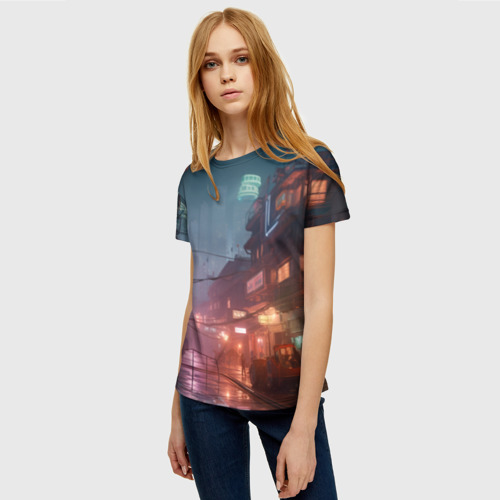 Женская футболка 3D Киберпанк город будущего, цвет 3D печать - фото 3