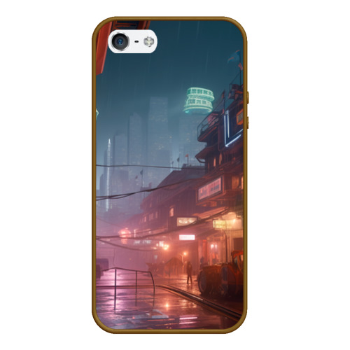 Чехол для iPhone 5/5S матовый Киберпанк город будущего, цвет коричневый